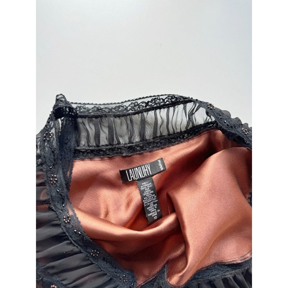 Vintage LAUNDRY BY SHELLI SEGAL Brown Lace Print Silk Beaded Slip Dress, Size 10 - Picture 10 of 12